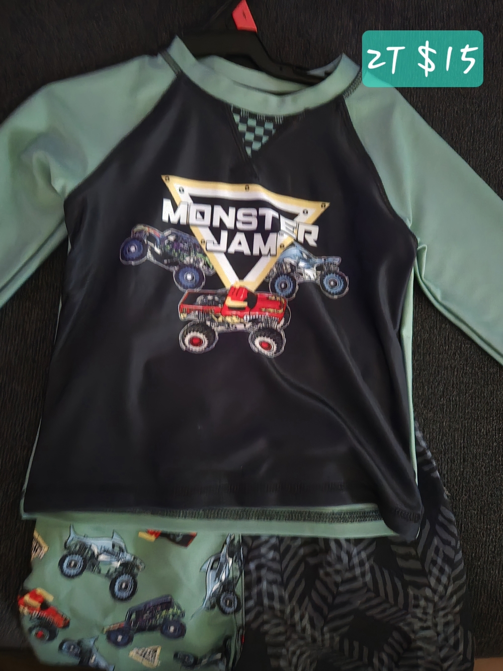 Monster Jam Kids Long-Sleeve Rash Guard in Mint & Black